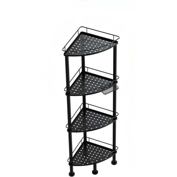 4-Tier Corner Shower Caddy Organizer - Rustproof Metal Bathroom Shelf with Soap Holder & 4 Hooks, Sturdy Floor Storage Stand
